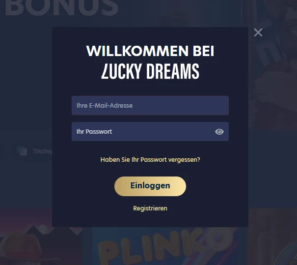 Lucky Dreams Anmeldefenster auf der Hauptseite